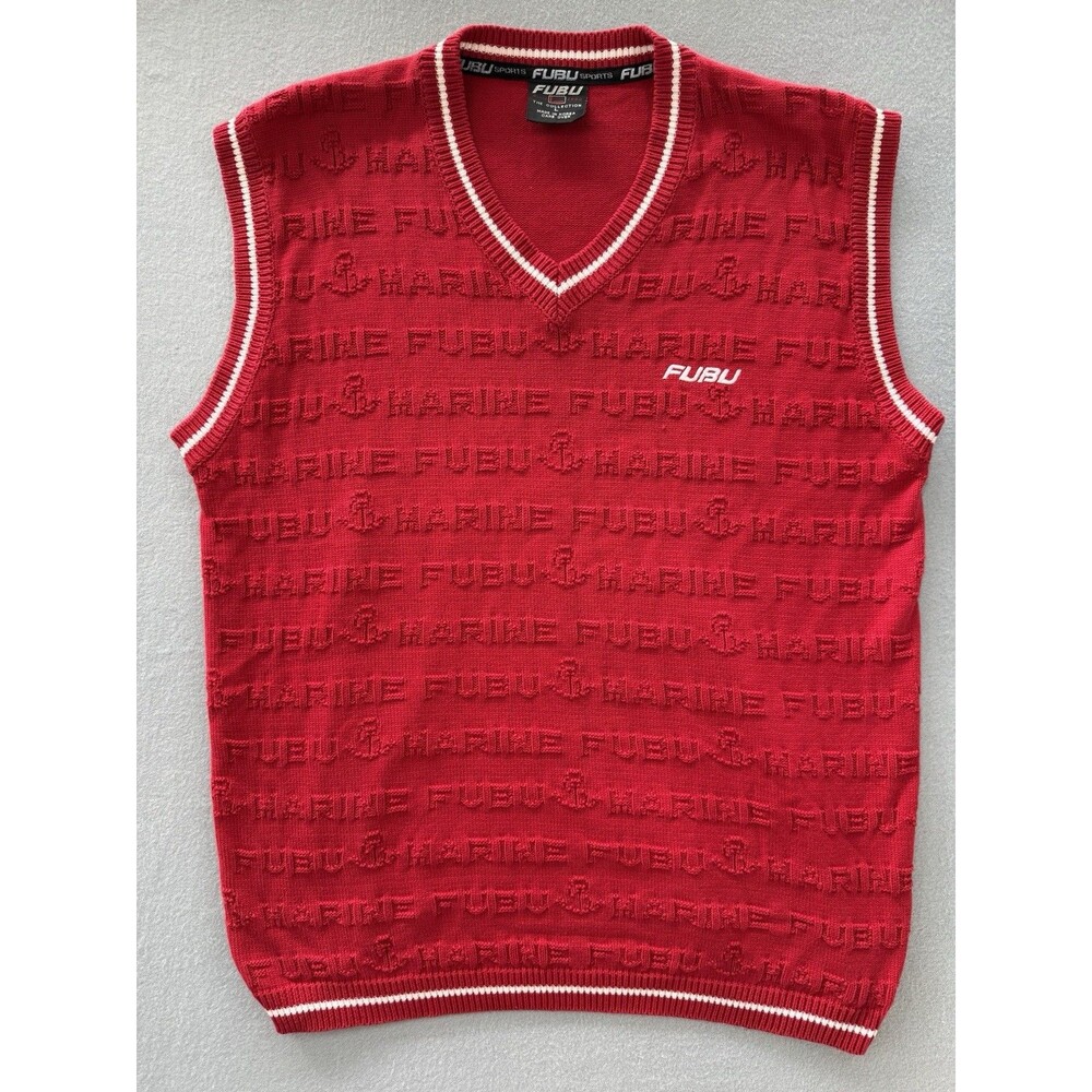 Vintage 90s FUBU Sports Marine Knit Sweater Vest Red Jacquard The Collection L